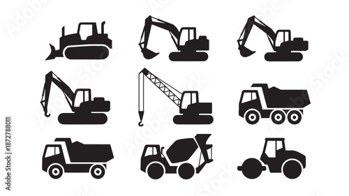 Various heavy machinery vehicles silhouetted against a white background, showcasing different construction equipment models.