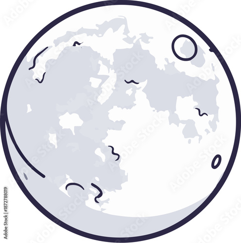 A simple, hand-drawn illustration of a full moon with dark outlines and light gray shading, showing craters and texture