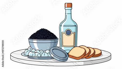 A still life featuring a bowl of dark caviar, a bottle of clear liquid, and toast on a marble platter