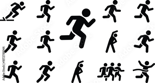 Running sport people silhouette icon collection showing sprint jog exercise movement fitness poses black vector illustration isolated white background