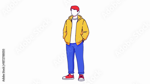 A simplified cartoon figure of a person with red hair, wearing a yellow jacket, white shirt, blue pants, and red shoes