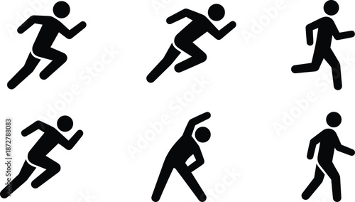 Running sport people silhouette icon set showing sprint jog exercise movement poses black vector illustration isolated on white background design