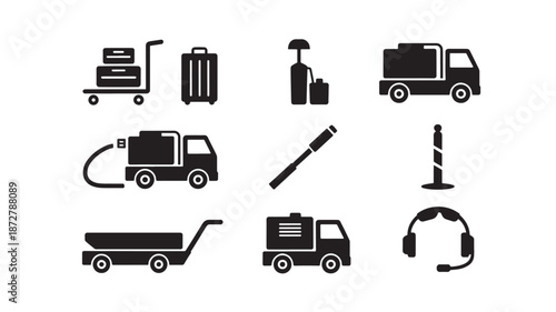 Collection of industrial icons representing various machinery and equipment used in construction and manufacturing processes
