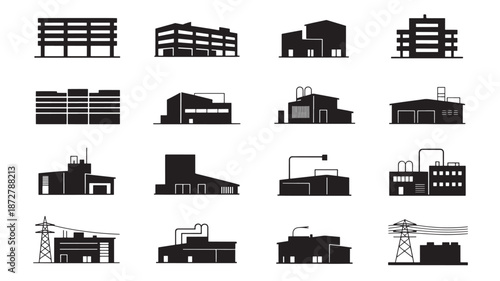 Collection of Industrial Buildings and Structures Illustrated in Black Silhouettes against a White Background