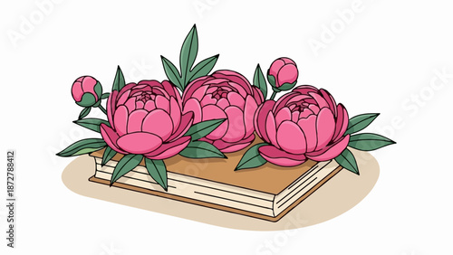 A still life illustration of a book with three pink peonies and buds resting on it