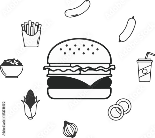 A simple graphic of a burger surrounded by fast food items