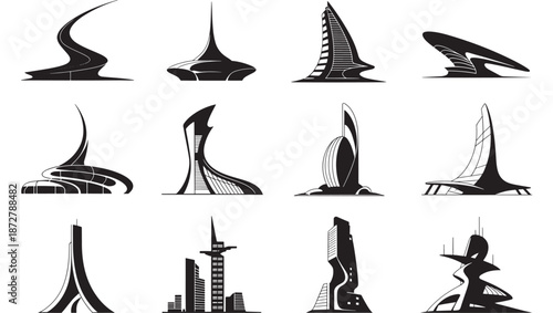 Futuristic Architecture Illustrations Featuring Modern Buildings and Cityscapes