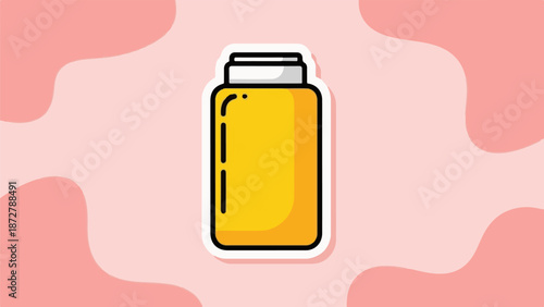 A simple, flat illustration of a yellow cylindrical bottle with a white lid on a pink wavy background