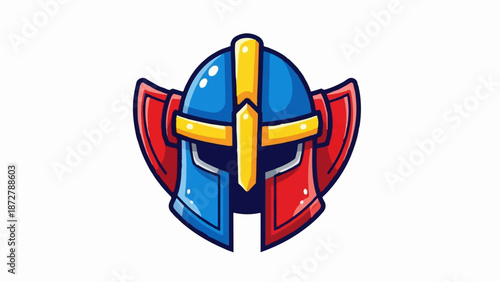 A stylized, cartoonish warrior helmet with blue, red, and gold accents