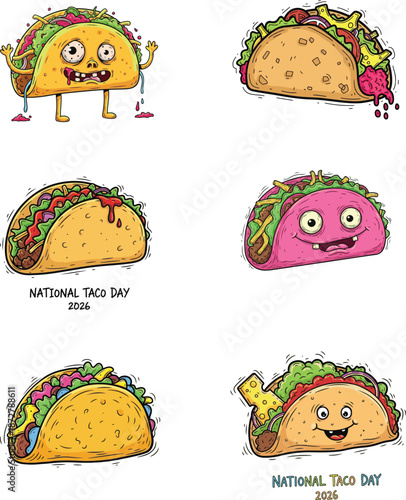 A vibrant collection of humorous cartoon taco illustrations, featuring whimsical characters with expressive faces and playful designs, perfect for creative food-themed projects