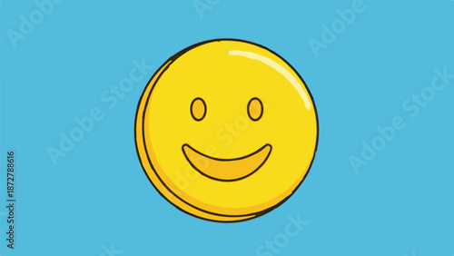 A simple, cheerful yellow smiley face with a wide grin on a bright blue background