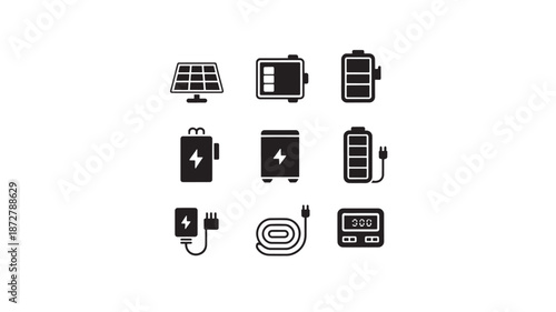 Collection of Energy Icons Representing Renewable Sources and Storage on a White Background