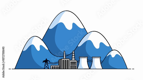 A stylized industrial plant nestled at the base of snow-capped mountains, connected by power lines
