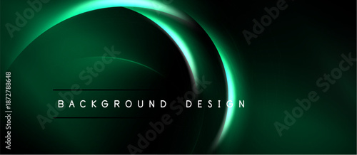 Dark green abstract background. Overlapping curved shapes create glowing neon effect. Modern design suitable for digital projects.