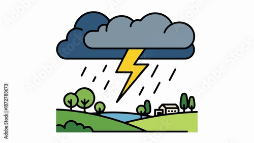 A stormy sky with lightning and rain over a rural landscape with a house and trees