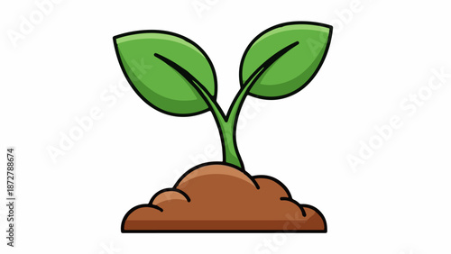 A stylized, cartoon-like green seedling emerges from a mound of brown soil