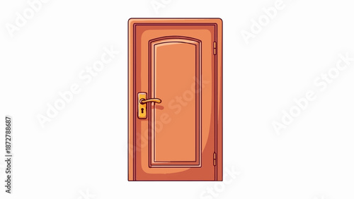 A simple, cartoon-style wooden door with a brass handle and lock