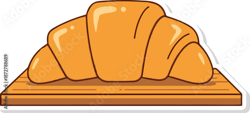 A simple, cartoon-style illustration of a golden croissant on a wooden board