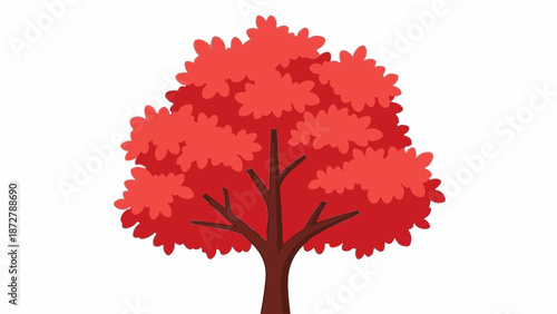 A stylized, cartoon-like tree with a reddish-brown trunk and branches, adorned with bright red leaves