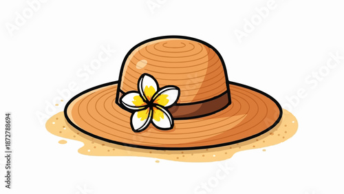 A straw hat with a brown band and a white and yellow flower sits on sand