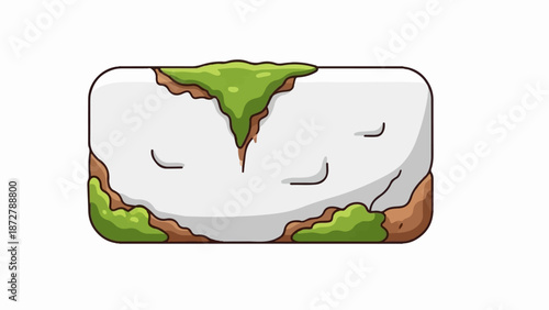 A simple cartoon rock creature with green moss on its surface, smiling