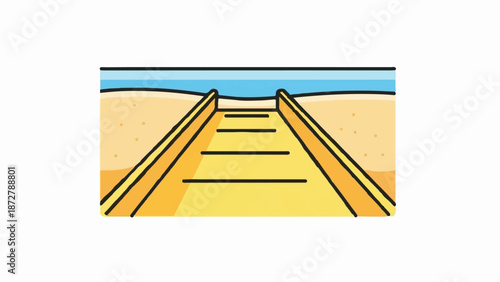 A simple cartoon path leads to a bright blue ocean across sandy shores