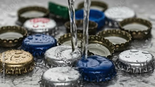 Water pouring onto a collection of bottle caps, creating a refreshing and visually appealing image