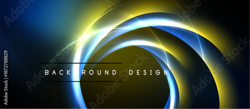 Abstract neon circles overlap dark background. Bright yellow, blue light creates dynamic visual effect. Modern design element.