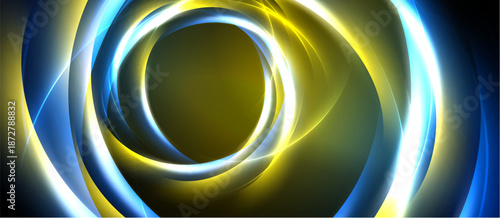Abstract design features concentric glowing rings. Blue, gold, white hues create dynamic visual effect. Dark background emphasizes luminosity.