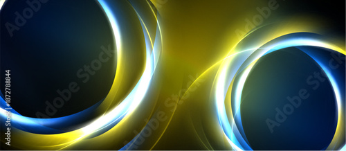 Abstract design features glowing circles, yellow, blue hues. Dynamic curves create modern, energetic visual impact. Dark background enhances luminosity.