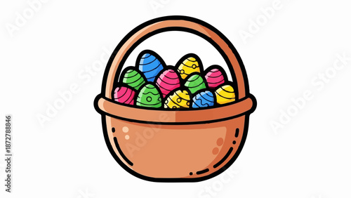 A simple cartoon illustration of a wicker basket overflowing with brightly colored, patterned Easter eggs