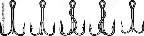 Treble fishing hook icons, vector triple hooks, fishing gear symbols for tackle shop designs and angler illustrations