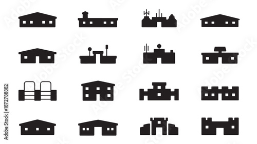 Collection of Industrial Buildings and Factories Silhouetted Against a White Background