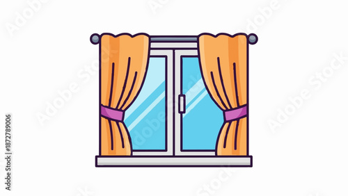 A simple cartoon illustration of a double-paned window with orange curtains tied back
