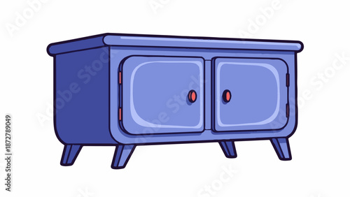 A simple cartoon illustration of a blue wooden cabinet with two doors and round handles