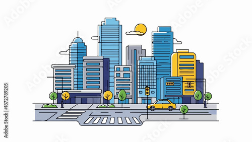 A stylized city skyline with a yellow car, traffic light, and trees under a sunny sky