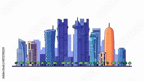 A stylized cityscape featuring various modern skyscrapers of different shapes and colors