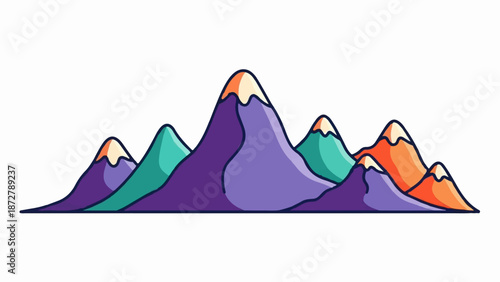 A stylized landscape featuring purple, teal, and orange mountain peaks with snow-capped summits