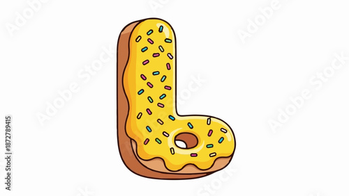 A stylized letter 'L' shaped like a doughnut with yellow frosting and colorful sprinkles