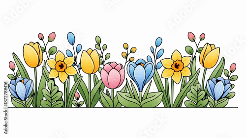 A vibrant border of spring flowers including tulips, daffodils, crocuses, and buds