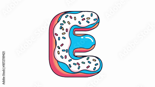 A stylized letter E designed to look like a frosted donut with colorful sprinkles and a blue glaze