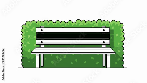 A simple cartoon bench rests in front of a lush green hedge