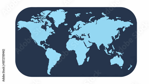 A stylized, light blue world map silhouette on a dark blue, rounded rectangular background
