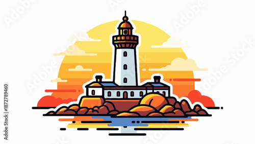 A stylized lighthouse stands on rocky shore against a sunset sky