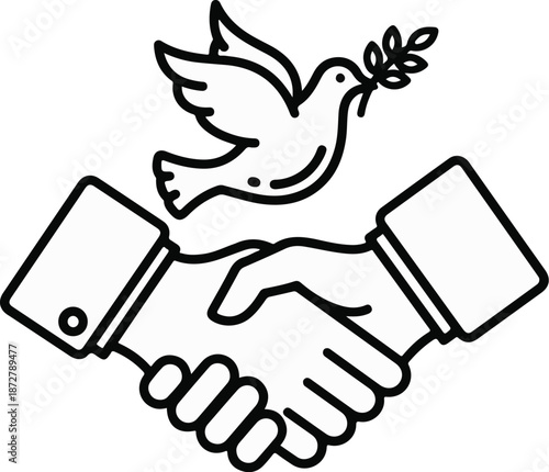 A stylized line art icon depicts a dove carrying a branch over a handshake