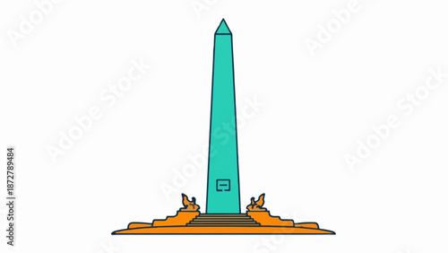 A stylized, teal obelisk monument with an orange, tiered base and decorative elements