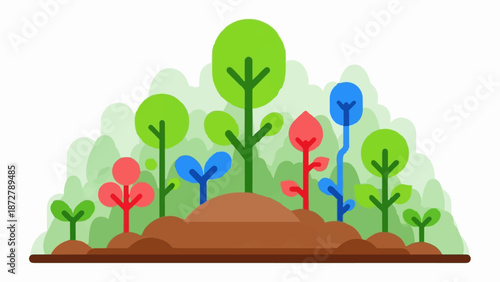 A stylized, colorful garden scene with various plants growing in brown soil