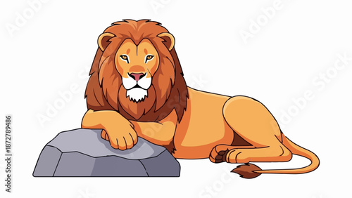 A stylized lion with a large mane rests on a gray rock against a white background