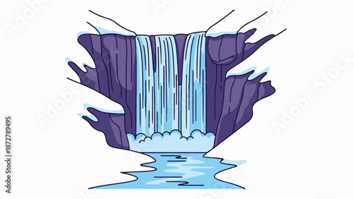 A stylized, colorful illustration depicts a cascading waterfall plunging into a serene, icy pool, surrounded by jagged, snow-capped cliffs