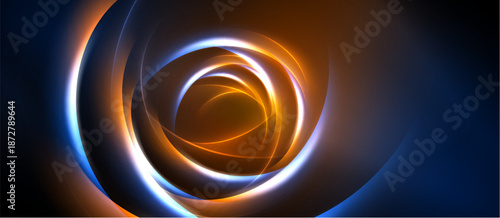 Abstract swirls, vibrant orange, blue hues create dynamic energy. Circular patterns radiate from central point, captivating visual effect.